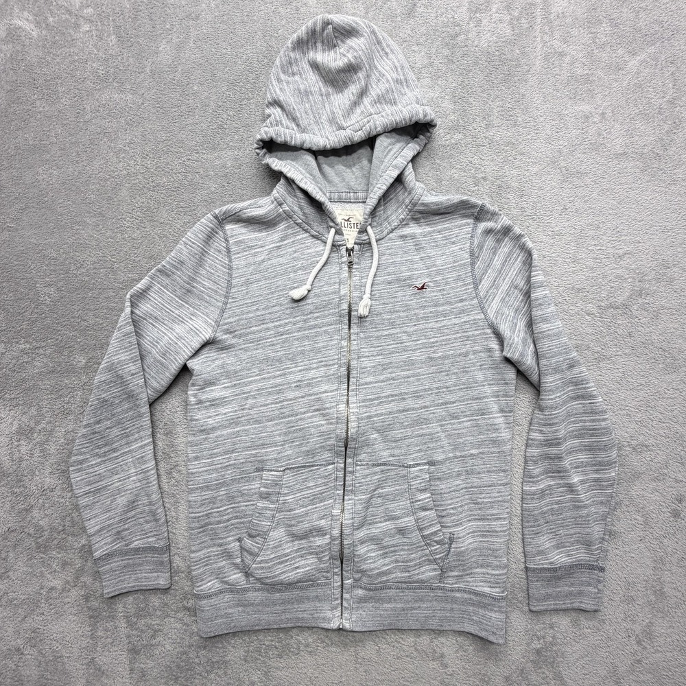 Hollister Hoodie‎ Mens S Gray Full Zip Hooded Lined Striped Fleece Pockets Logo